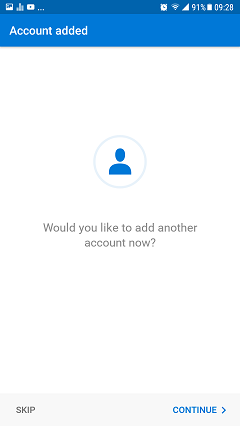 Would you like to add another account? Skip or continue.