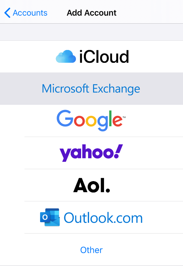 iOS/iPhone Passwords & Accounts menu - Tap "Microsoft Exchange"