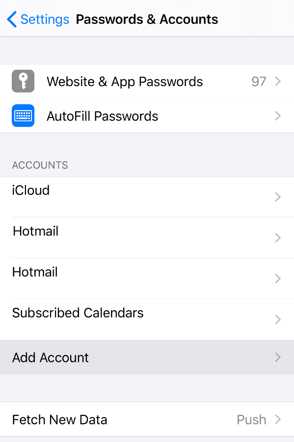 iOS/iPhone Passwords & Accounts menu - Add Account
