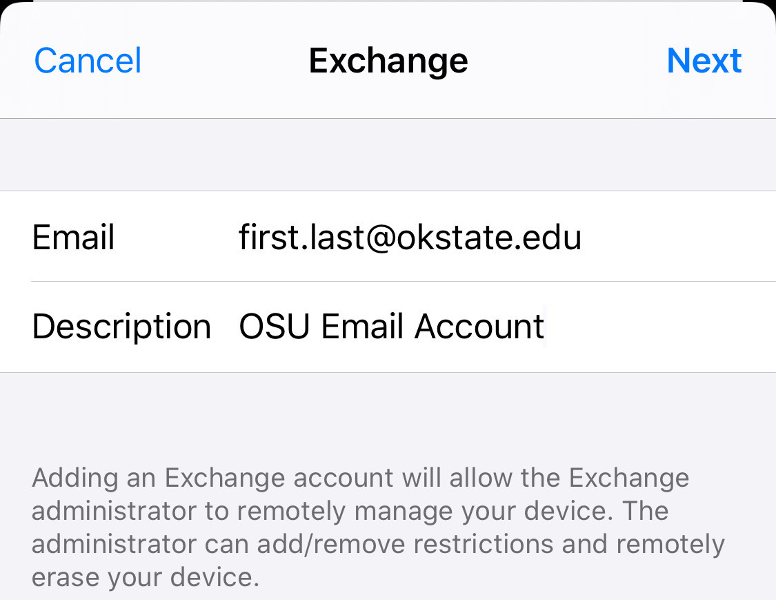 iPhone/iOS Add Exchange Account menu