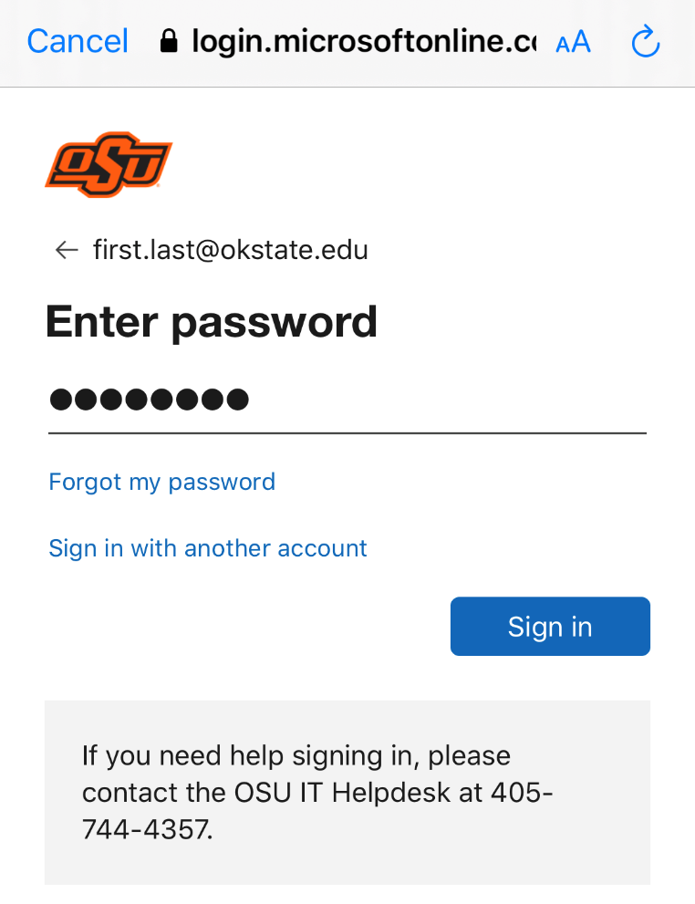 OSU Authentication page - Password entry