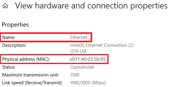 Under properties, MAC address is listed