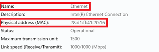 Ethernet section, mac address listed